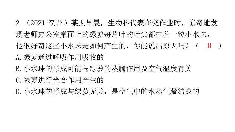 中考生物复习第三单元生物圈中的绿色植物第三章绿色植物与生物圈的水循环课件03