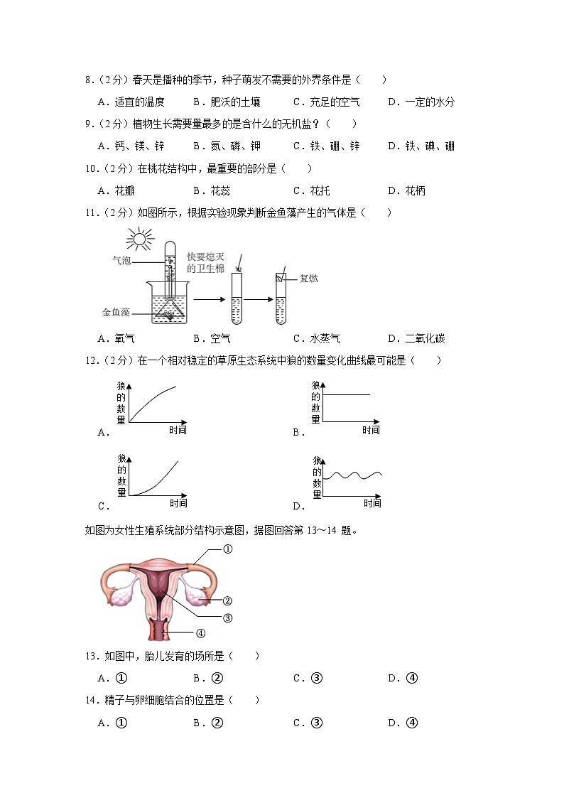 福建省福州市平潭一中2023-2024学年八年级上学期开学生物试卷+02