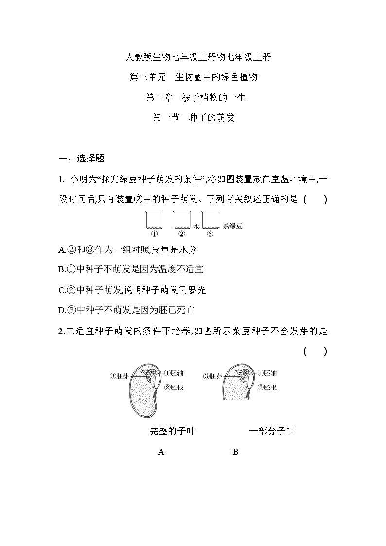 3.2.1   种子的萌发    课堂练习 人教版生物七年级上册01