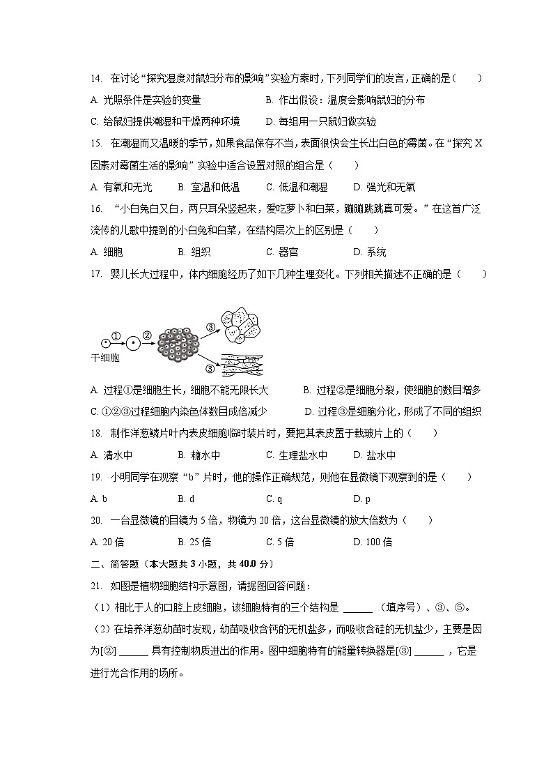 2023-2024学年山东省枣庄市滕州市张汪中学七年级（上）开学生物试卷（含解析）03