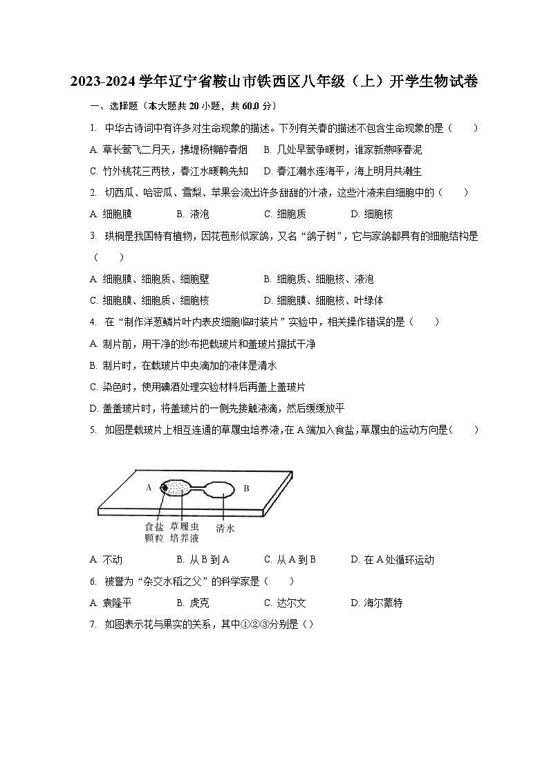 2023-2024学年辽宁省鞍山市铁西区八年级（上）开学生物试卷（含解析）第1页
