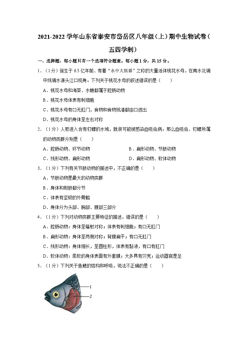 山东省泰安市岱岳区2021-2022学年八年级上学期期中生物学试卷（五四学制）01