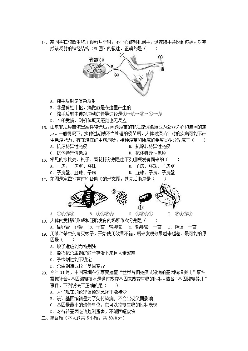山东省菏泽市单县2019年中考生物二模试卷（含解析）03