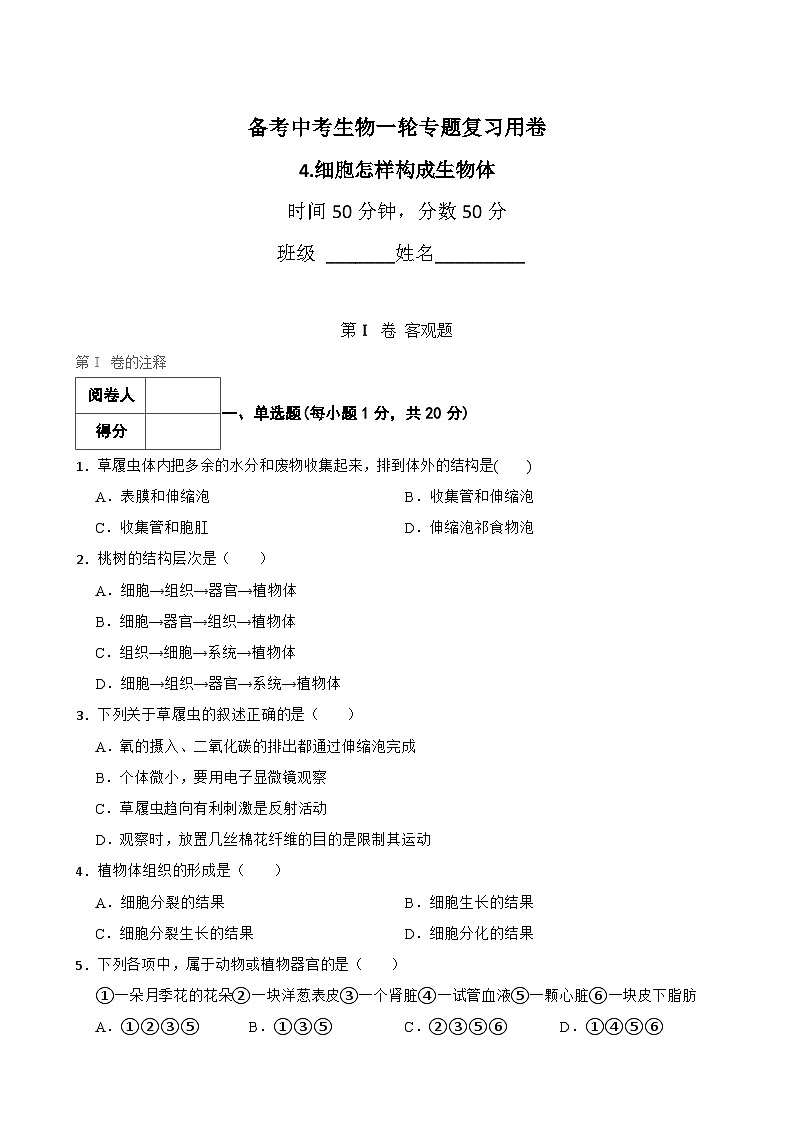 中考生物一轮复习训练卷专题4 细胞怎样构成生物体（ 含解析）第1页