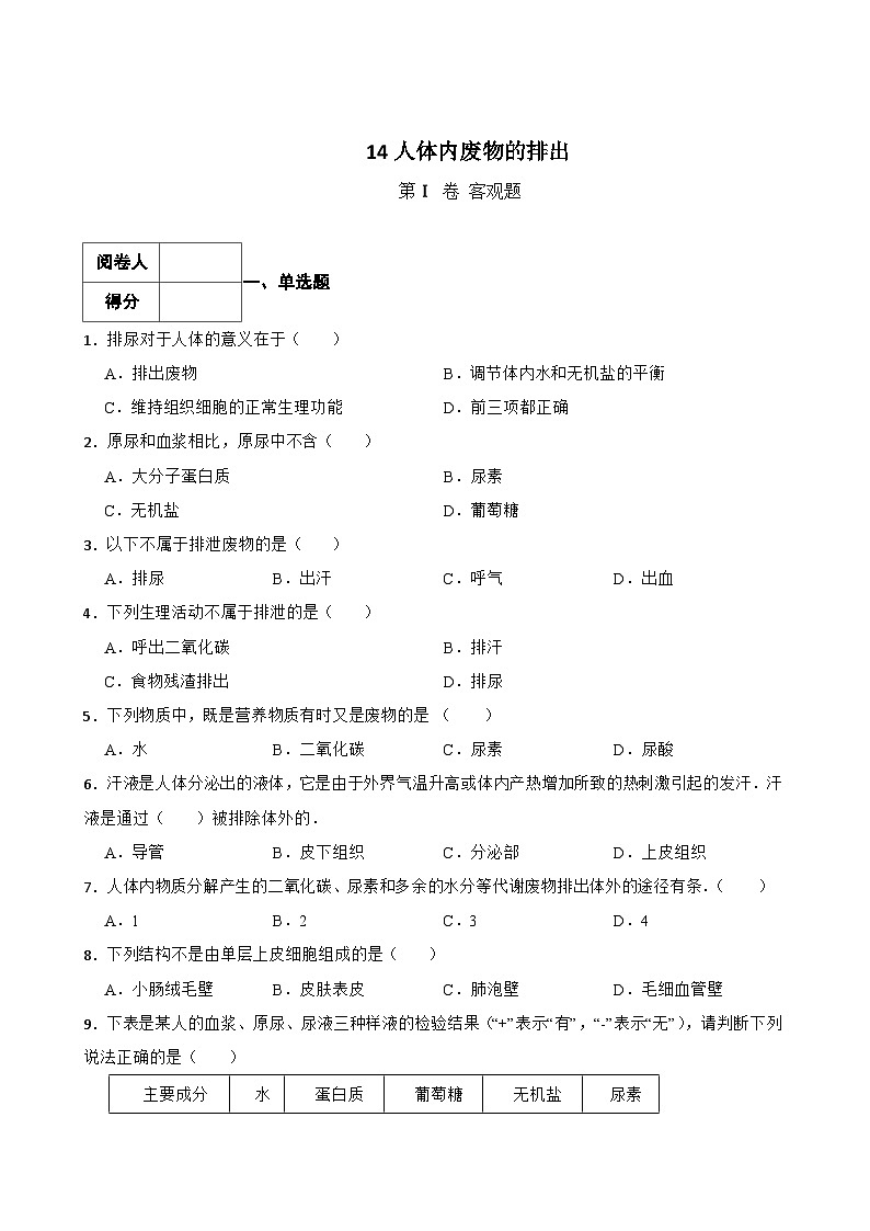 中考生物一轮复习训练卷专题14 人体内废物的排出（ 含解析）第1页