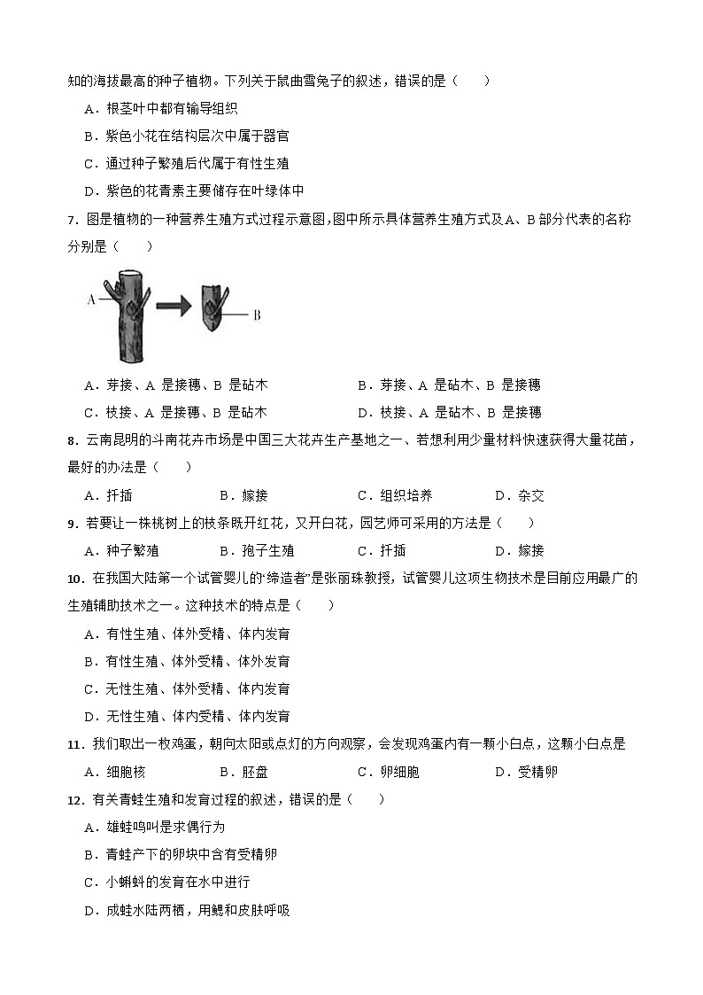 中考生物一轮复习训练卷专题21 生物的生殖和发育（含解析）02