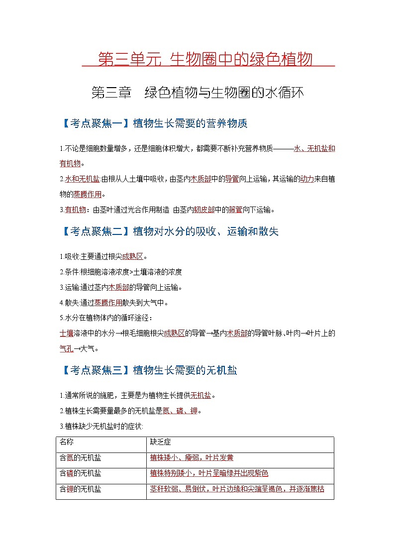 中考生物一轮复习知识点梳理考点 绿色植物的三大生理作用第1页