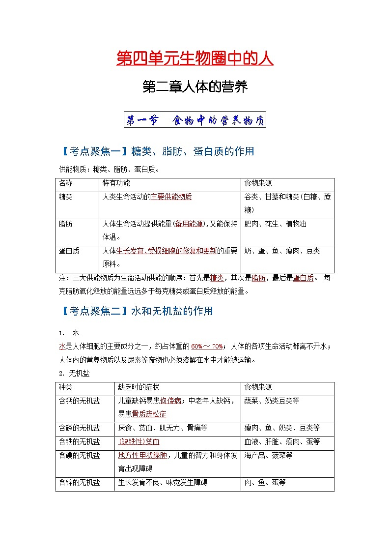 中考生物一轮复习知识点梳理考点 人体的营养01