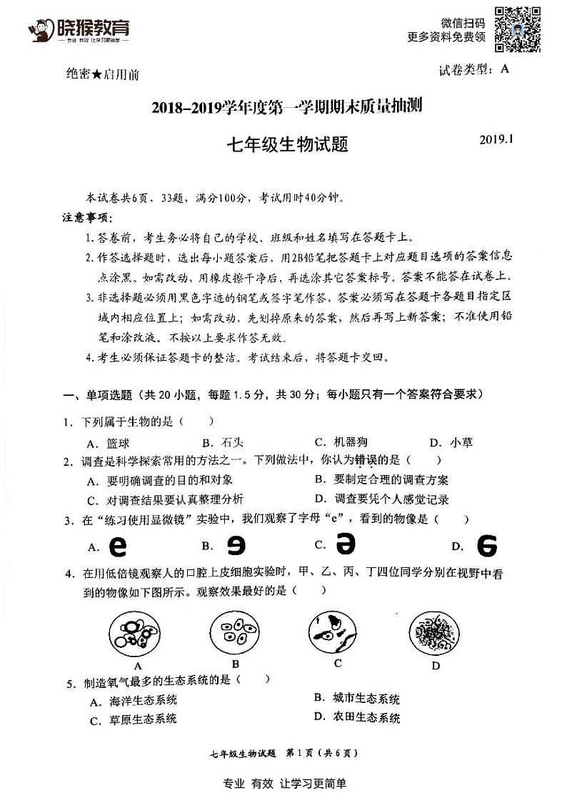 2018-2019学年深圳市罗湖区七年级上学期生物期末统考试卷及参考答案01
