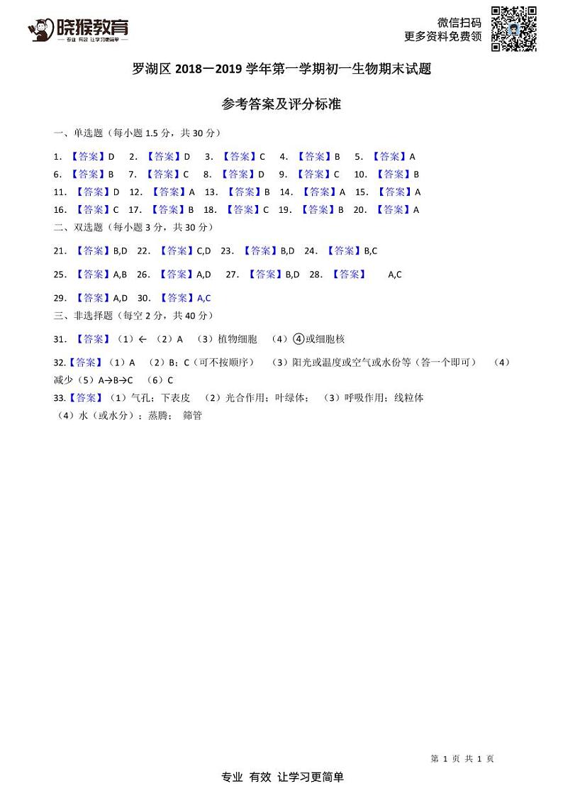 2018-2019学年深圳市罗湖区七年级上学期生物期末统考试卷及参考答案01