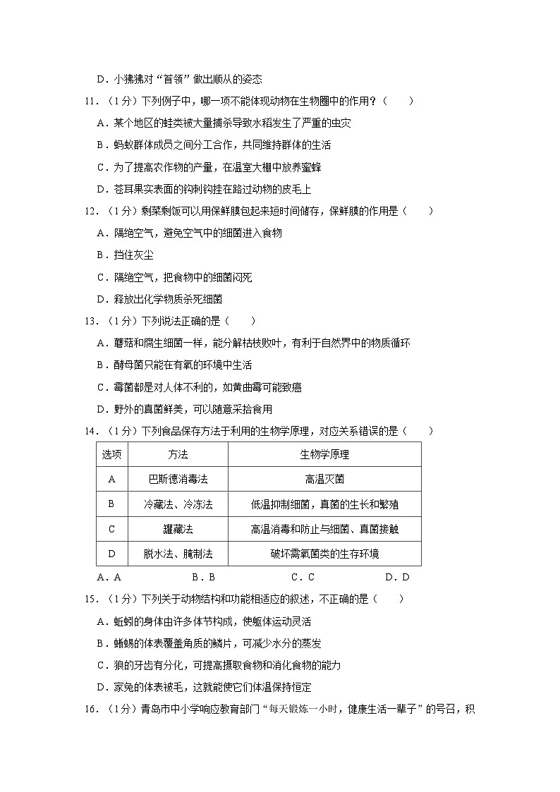 山东省青岛市第六十六中学2020-2021学年八年级上学期期中生物试卷03