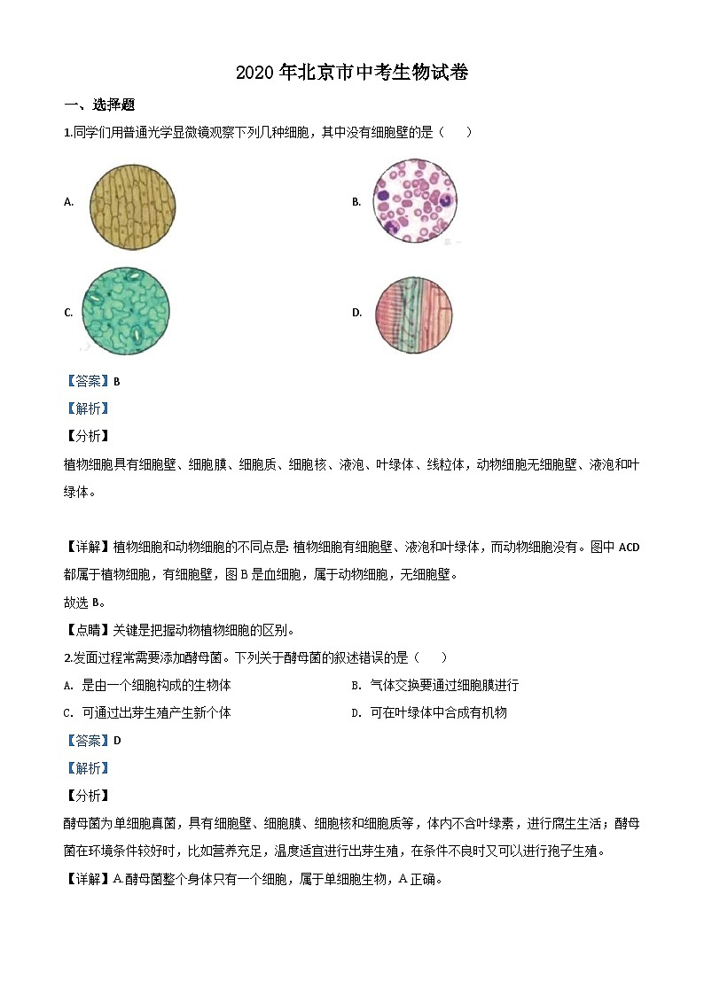 北京市2020年八年级中考生物试题（含解析）01