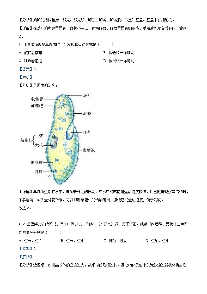 2022年山西省阳泉市、长治市中生物真题题（含解析）02