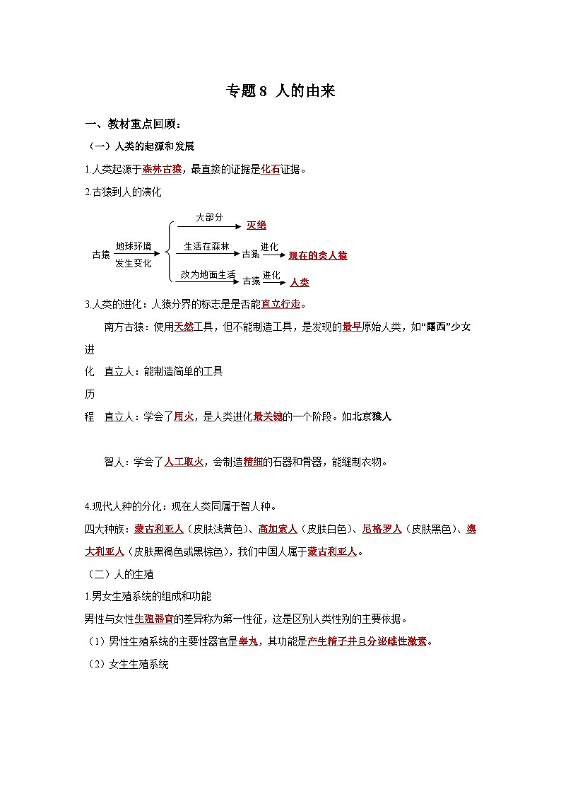 中考生物一轮复习考点梳理与过关练习专题08 人的由来（含解析）第1页