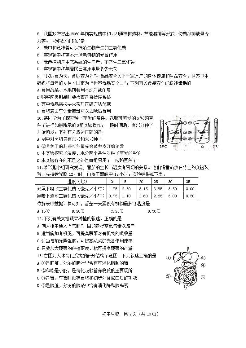 2021年江苏省苏州市中考生物  真题（WORD，有答案）02