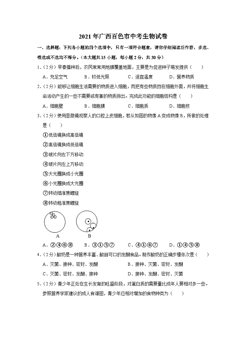 2021年广西百色市中考生物试卷01