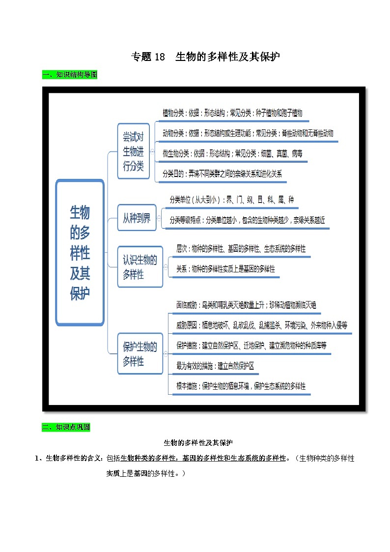 中考生物三轮复习考前冲刺练习专题18 生物的多样性及其保护（含解析）第1页
