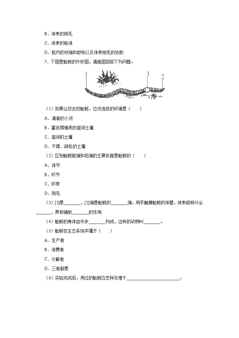 中考生物二轮复习实验突破巩固练习：观察蚯蚓（含解析）第2页