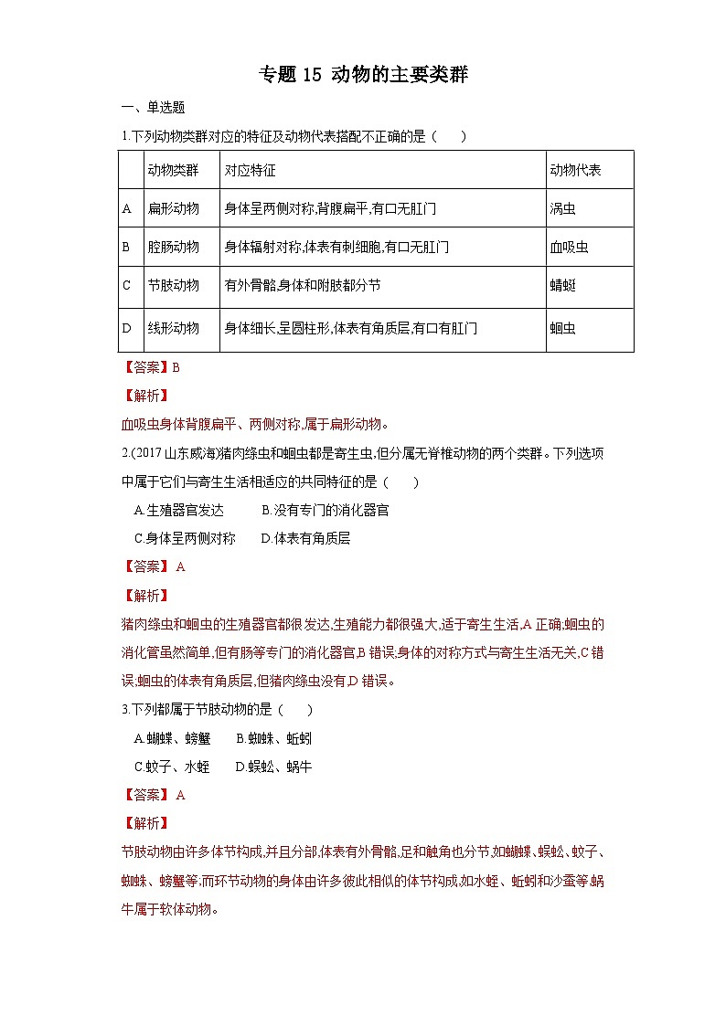 中考生物一轮复习过关测试专题15 动物的主要类群（含解析）01