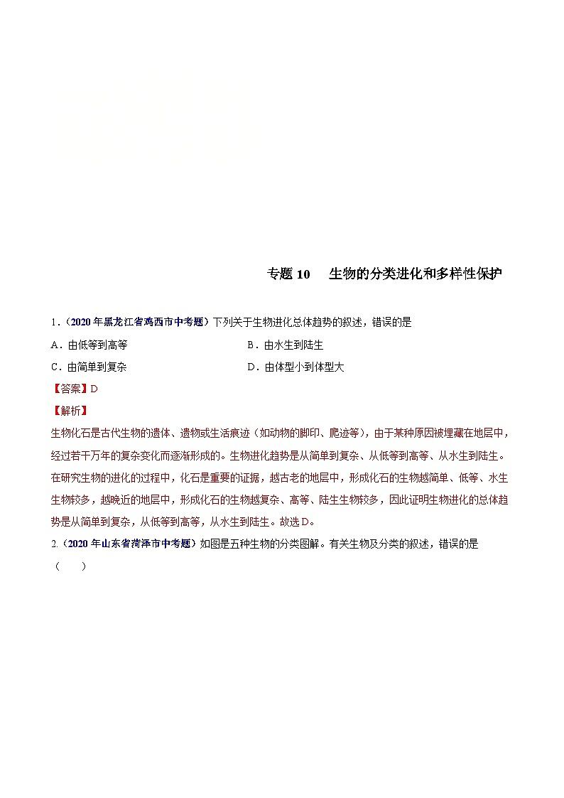 2020年中考生物真题分项汇编专题10 生物的分类进化和多样性保护（含解析）第1页