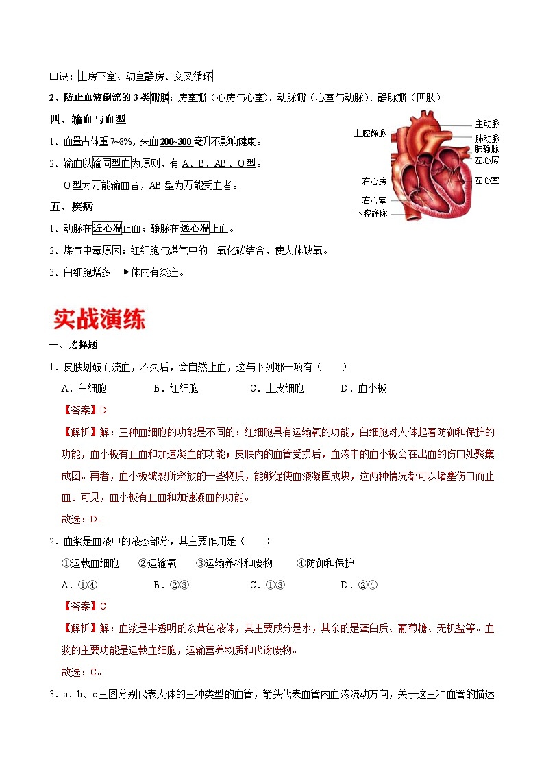 中考生物三轮冲刺核心考点练习专题11 人体内物质的运输（含解析）02
