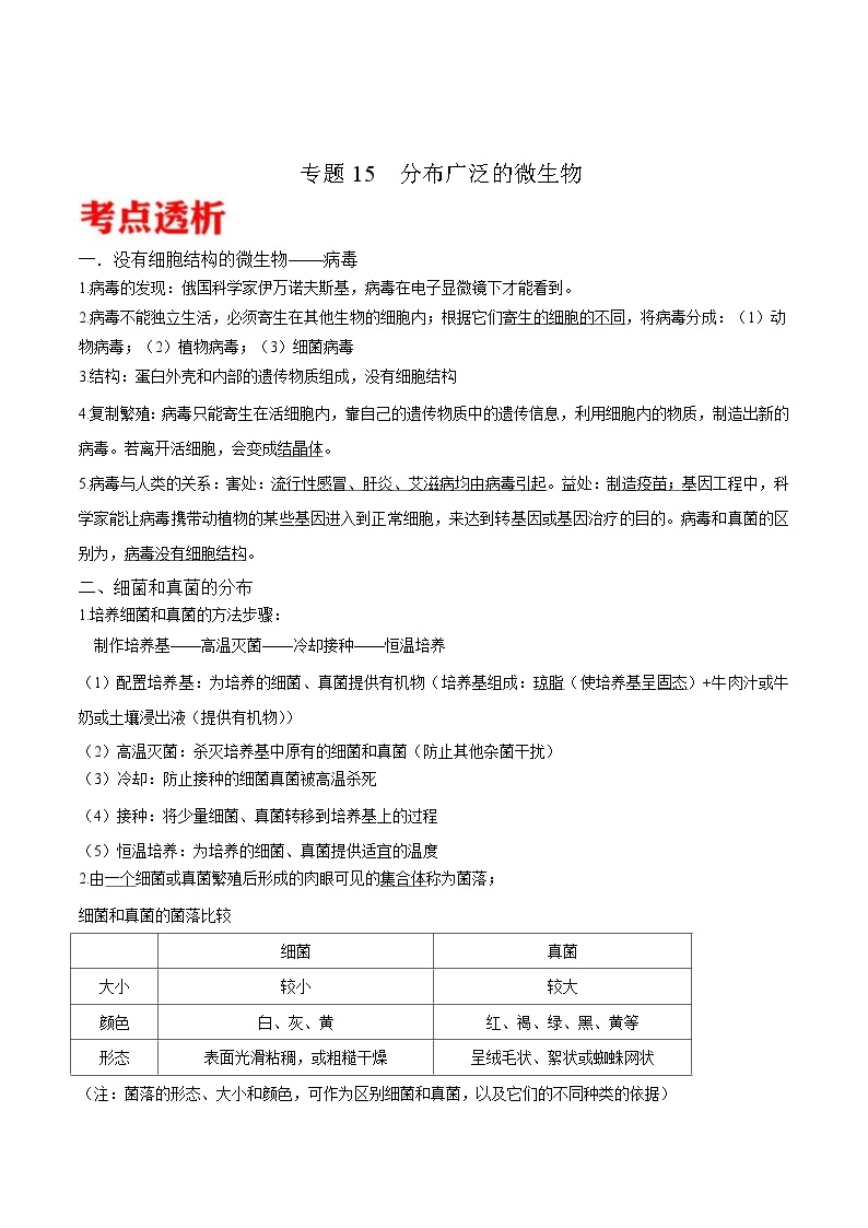 中考生物三轮冲刺核心考点练习专题15 分布广泛的微生物（含解析）01