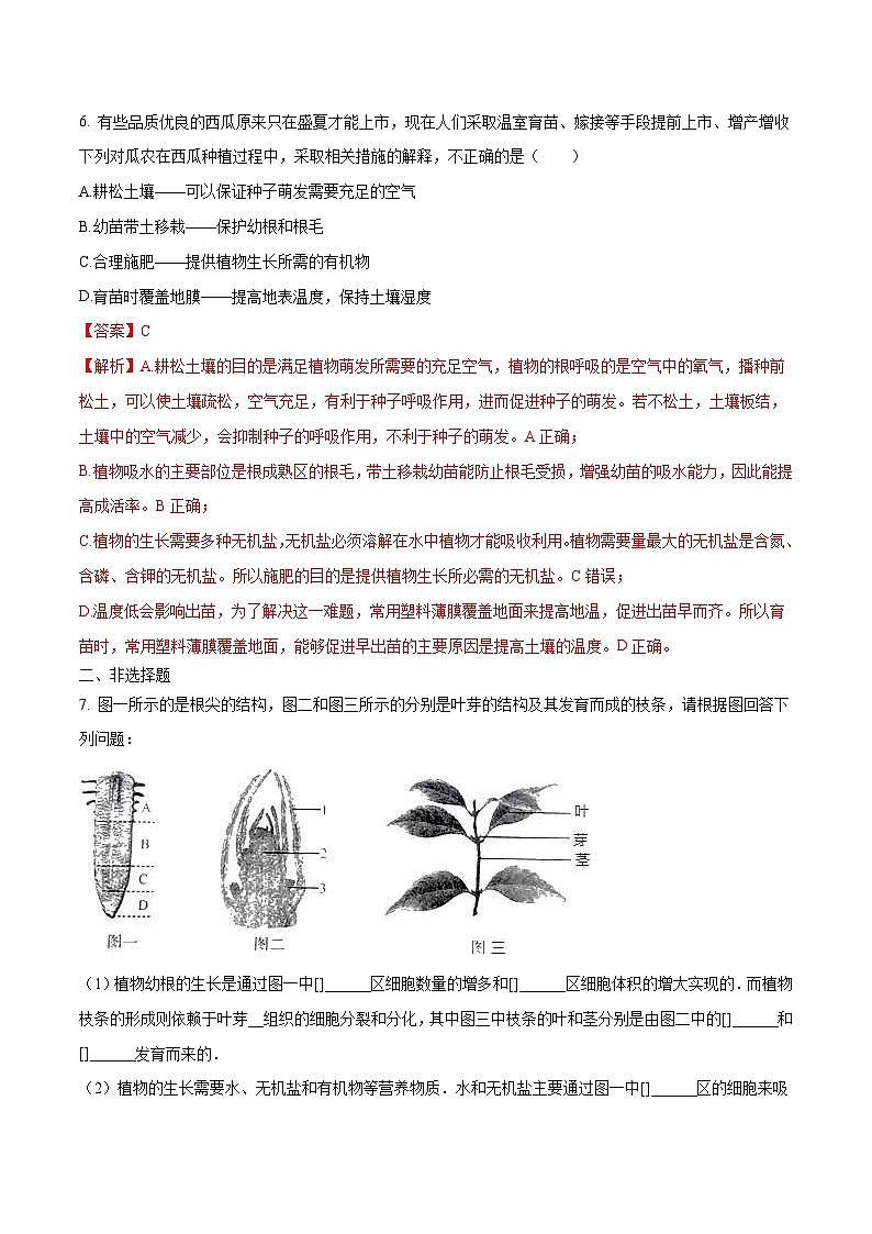 中考生物三轮冲刺压轴题专题03  绿色开花植物的一生（含解析）03