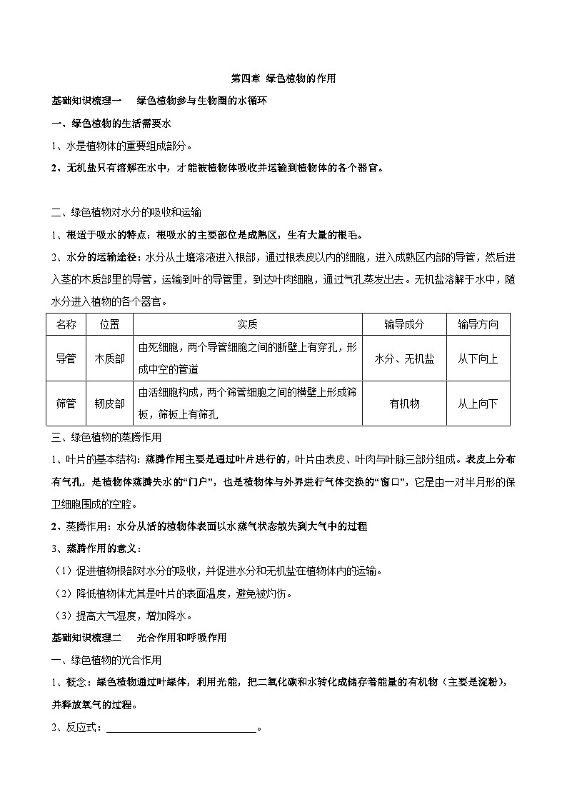 中考生物一轮复习核心考点梳理专题四 绿色植物的作用01