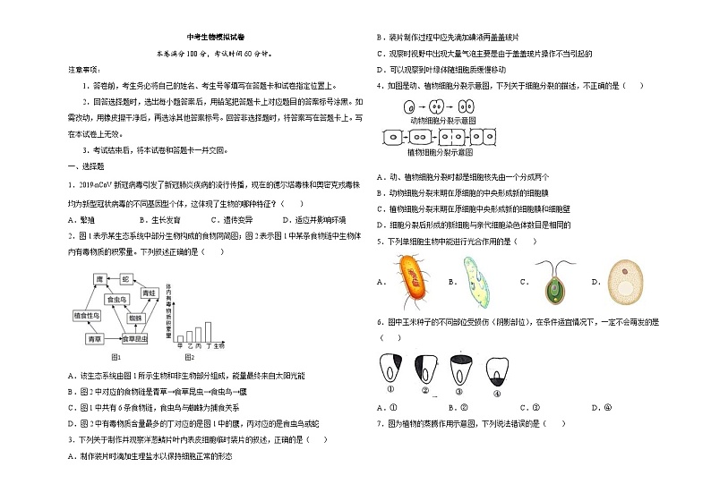 中考生物模拟试卷六 (原卷版+解析版)第1页