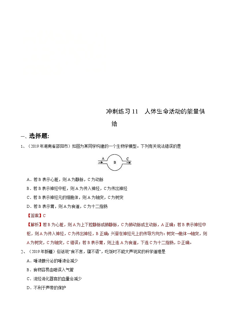中考生物三轮复习冲刺练习11 人体生命活动的能量供给(含解析)01