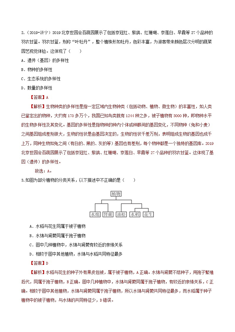 中考生物三轮复习冲刺练习19 生物多样性(含解析)02