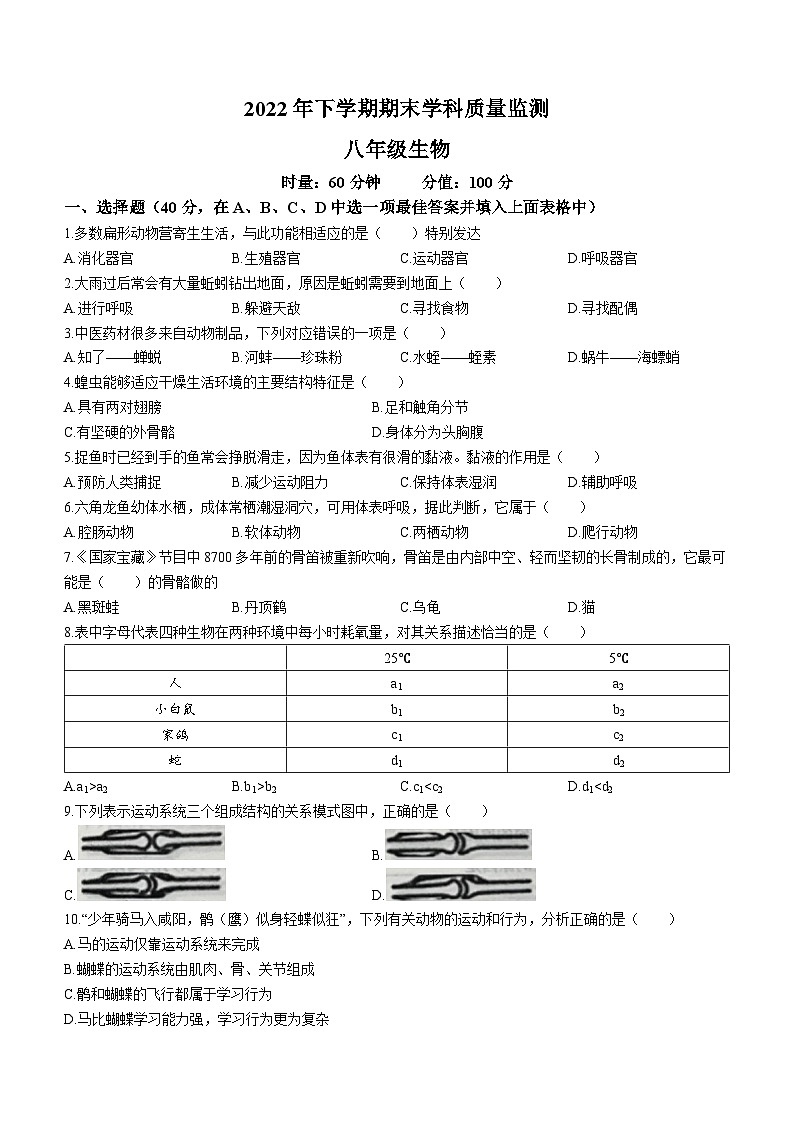 湖南省岳阳市岳阳县2022-2023学年八年级上学期期末生物试题第1页