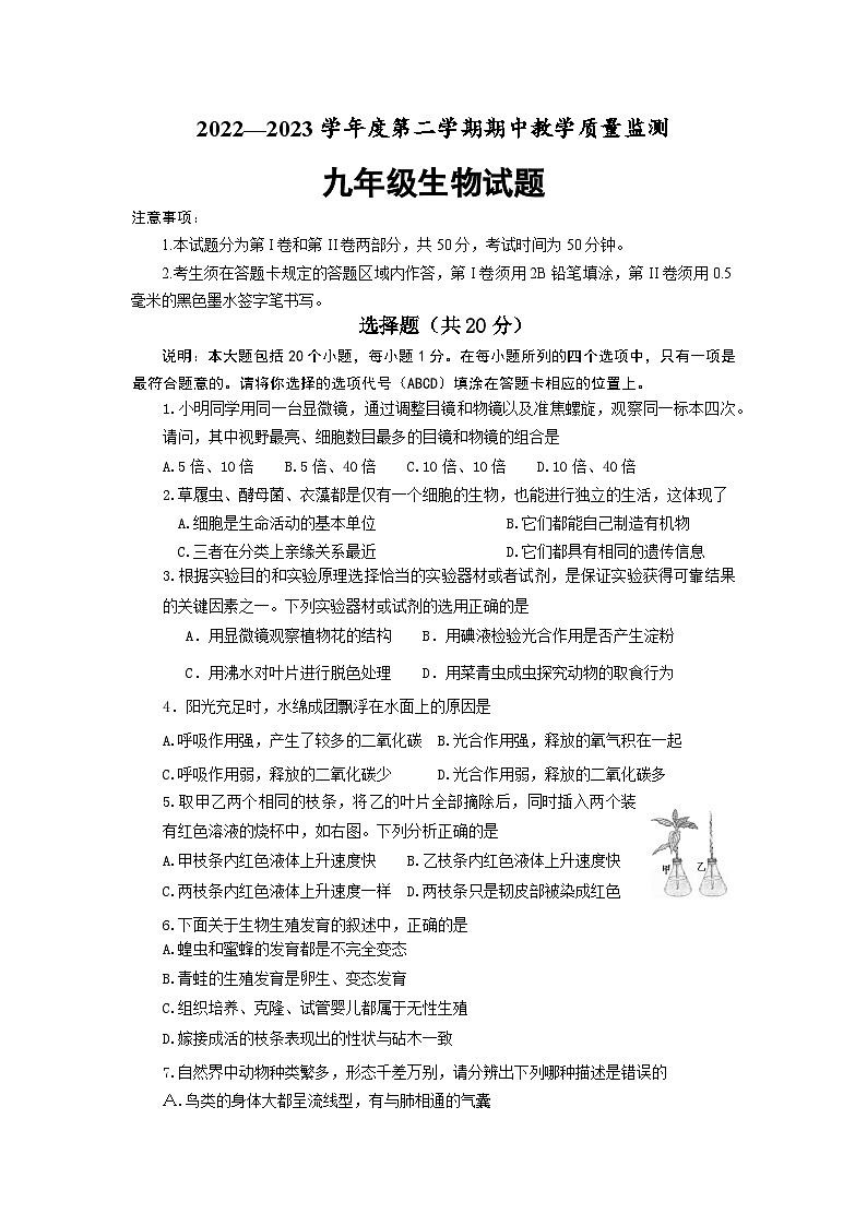 山东省菏泽市鄄城县2022-2023学年九年级下学期期中考试生物试题第1页