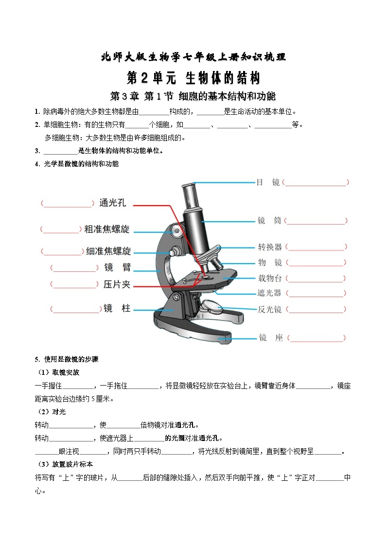 【期中单元知识点归纳】 （北师大版）2023-2024学年八年级生物上册 第2单元 生物体的结构 讲义01