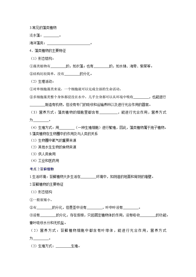 【期中单元知识点】第一章 生物圈中有哪些绿色植物 （原卷版）第2页