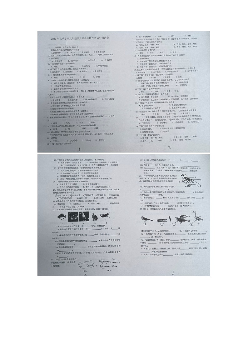 黔东南州剑河县第四中学2023秋季学期八年级课后服务辅导阶段性考试生物试卷无答案【图片版】第1页