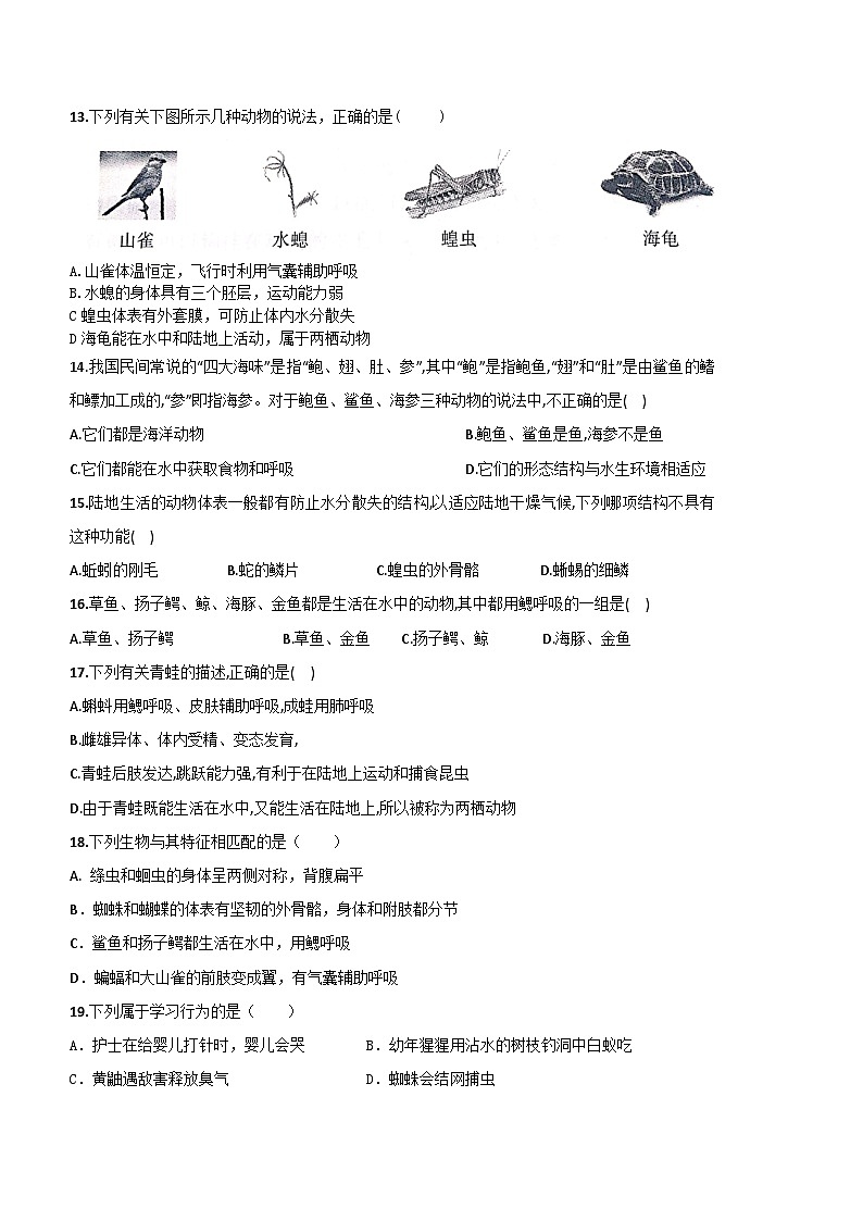 山东省青岛市市南区琴岛学校2022-2023学年八年级上学期10月生物月考试题第3页