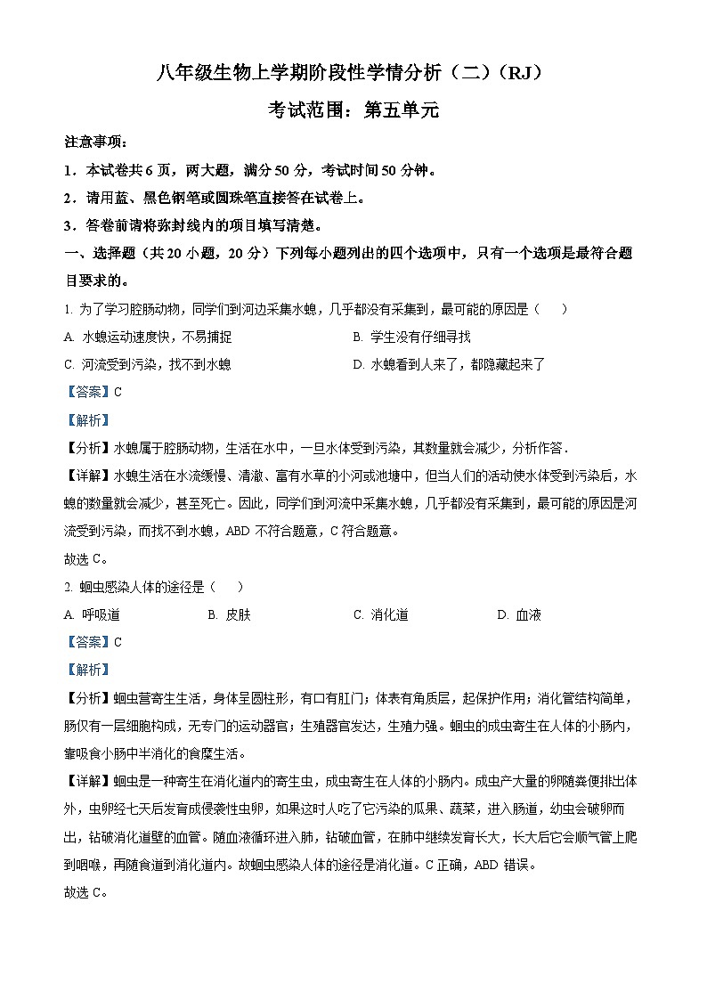 河南省驻马店市正阳县2022-2023学年八年级上学期期中生物试题（解析版）01