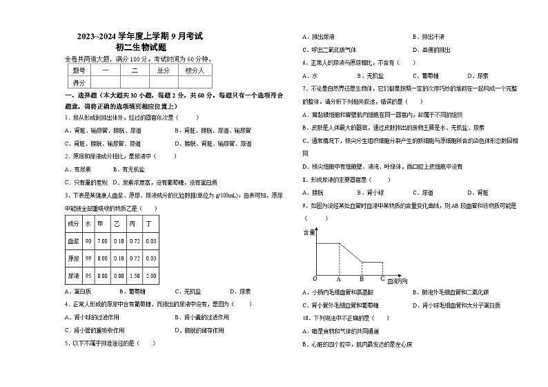 黑龙江省大庆市肇源县西部四校联考2023-2024学年七年级上学期9月月考生物试题第1页