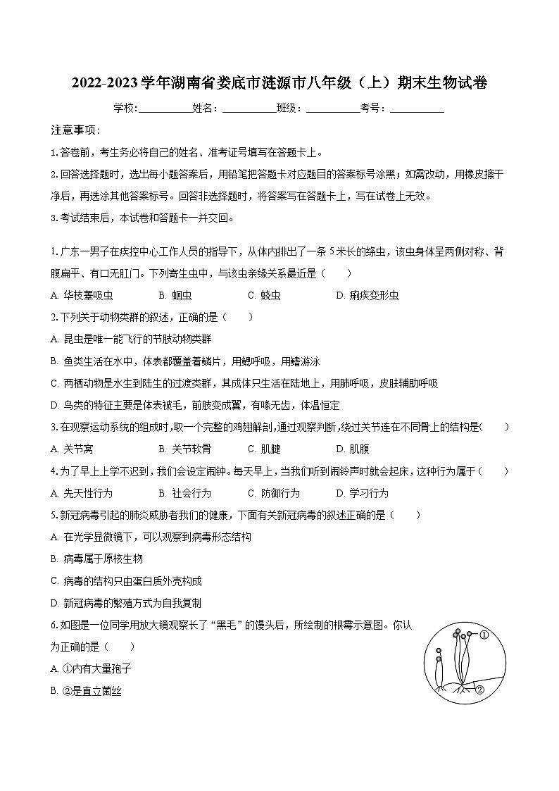 湖南省娄底市涟源市2022-2023学年八年级上学期期末生物试卷+01