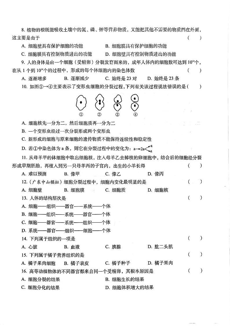 河南省漯河市郾城区漯河宏昌学校2023-2024学年七年级上学期10月月考生物试题02