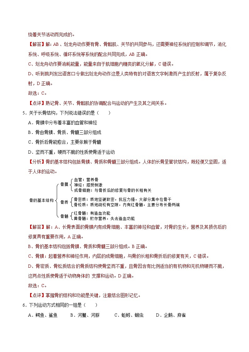 【期中单元测试卷】（北师大版）2023-2024学年八年级生物上册 第15章 动物的运动 -试卷03