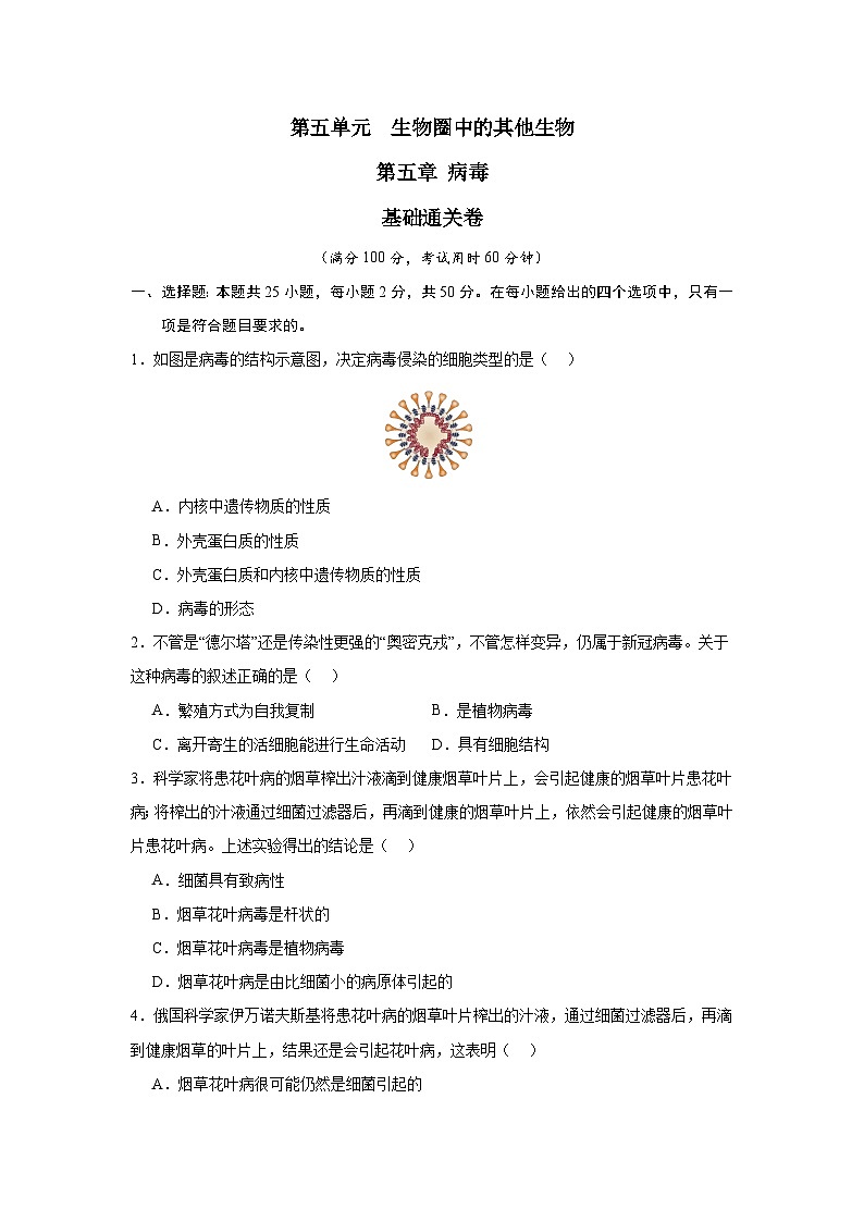 【期中单元测试卷】（人教版）八年级生物上册 第五章+病毒【基础卷】01