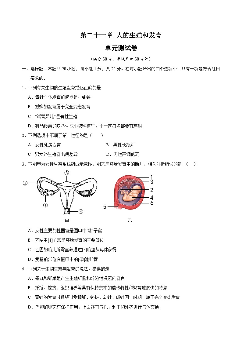 【期中单元测试卷】（苏科版）2023-2024学年八年级生物上册 第二十一章+人的生殖和发育 单元测试卷01