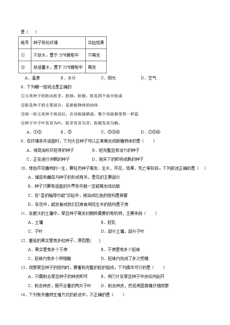 【期中单元测试卷】（苏科版）2023-2024学年八年级生物上册 第十九章+植物的生殖和发育 单元测试卷02