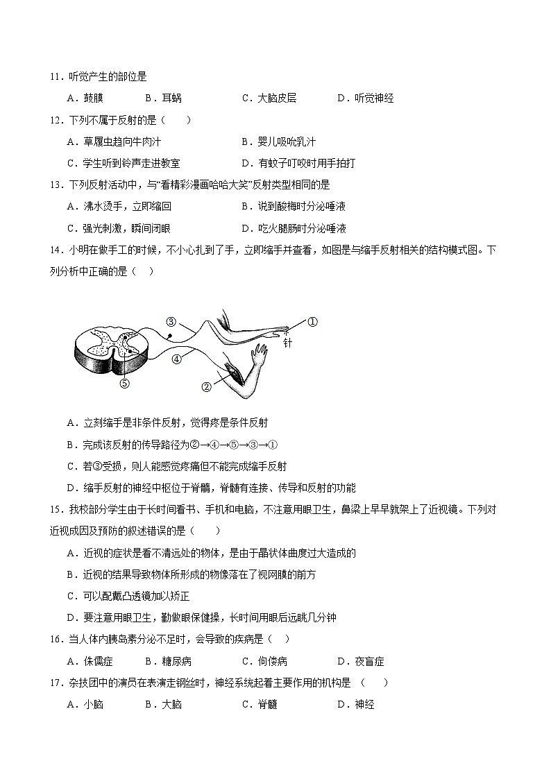 【期中单元测试卷】（苏科版）2023-2024学年八年级生物上册 第十六章+人体生命活动的调节 单元测试卷02