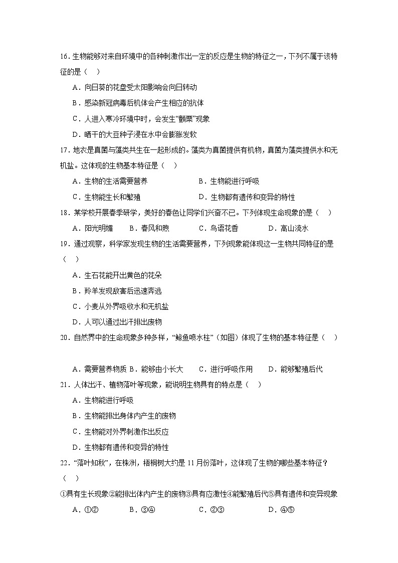 【期中单元测试卷】（人教版）2023-2024学年七年级生物上册 第一章 认识生物 【单元测试·基础卷】03