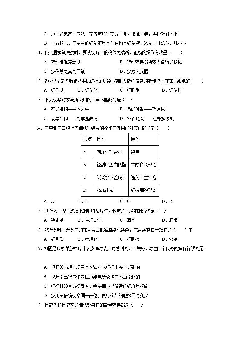 【期中单元测试卷】（人教版）2023-2024学年七年级生物上册 第一章 细胞是生命活动的基本单位【单元测试·提升卷】03