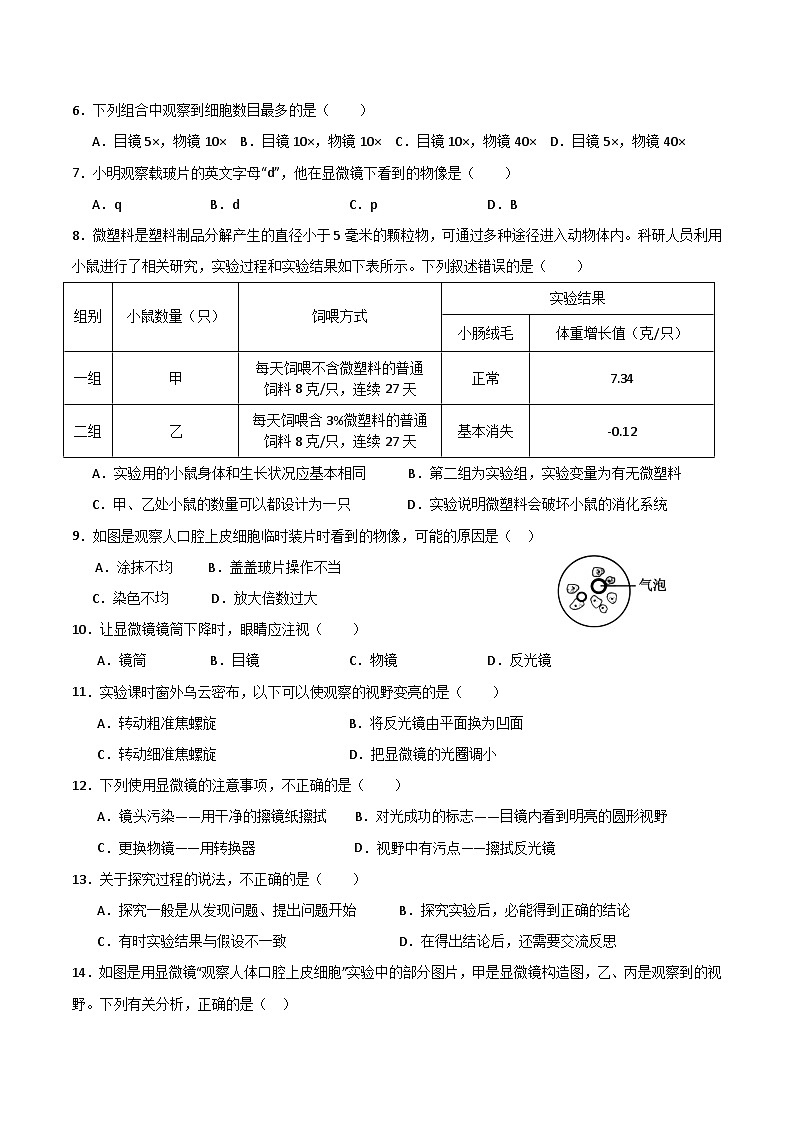【期中单元测试卷】（苏教版）2023-2024学年七年级生物上册 第二章 探索生命 单元测试卷02