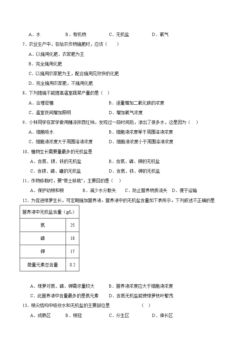 【期中单元测试卷】（苏科版）2023-2024学年七年级生物上册 第四章+绿色植物是有机物的生产者 单元测试卷02